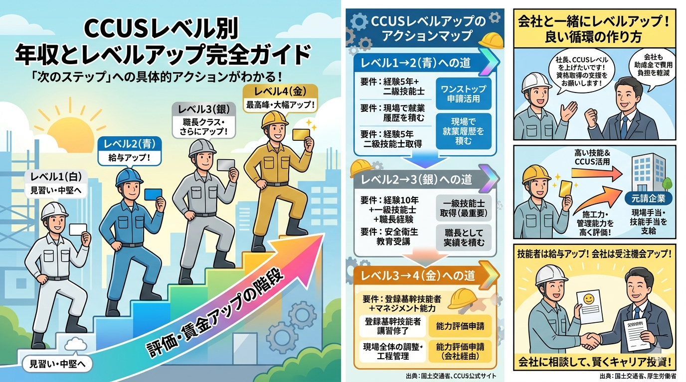 CCUSレベルアップ完全ガイド インフォグラフィック(レベル別アクションマップ・賃金アップの仕組み・良い循環の作り方)