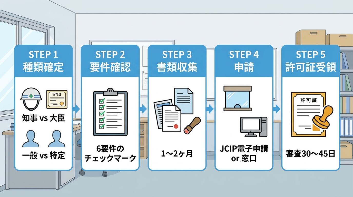 建設業許可の申請フロー STEP1〜STEP5 横フローパネル