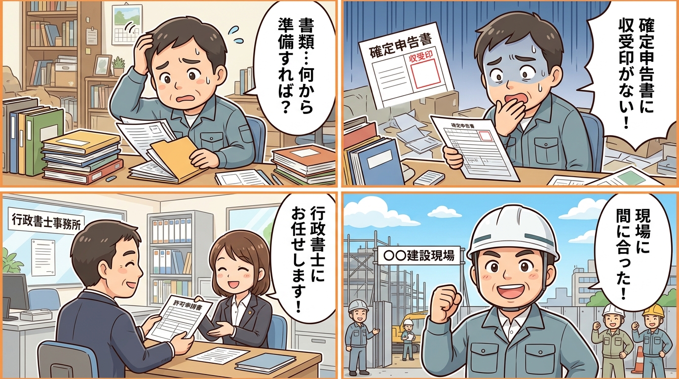 自分で申請vs行政書士代行 4コマ漫画スタイル比較