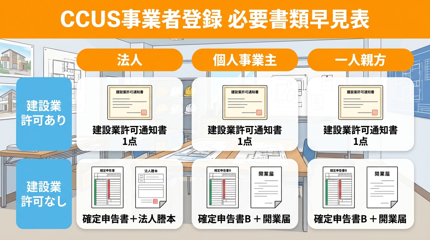 CCUS事業者登録に必要な書類の早見表（法人・個人事業主・一人親方別）