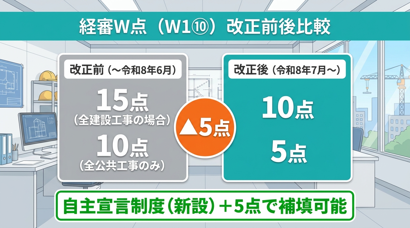 経審W点（W1⑩）改正前後比較表 全建設工事15点から10点