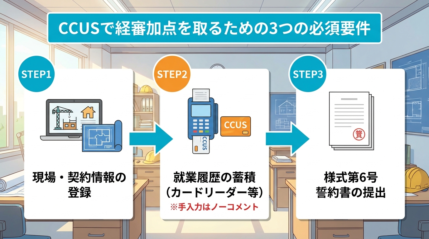 CCUSで経審加点を取るための3つの必須要件フロー 現場登録・就業履歴・誓約書