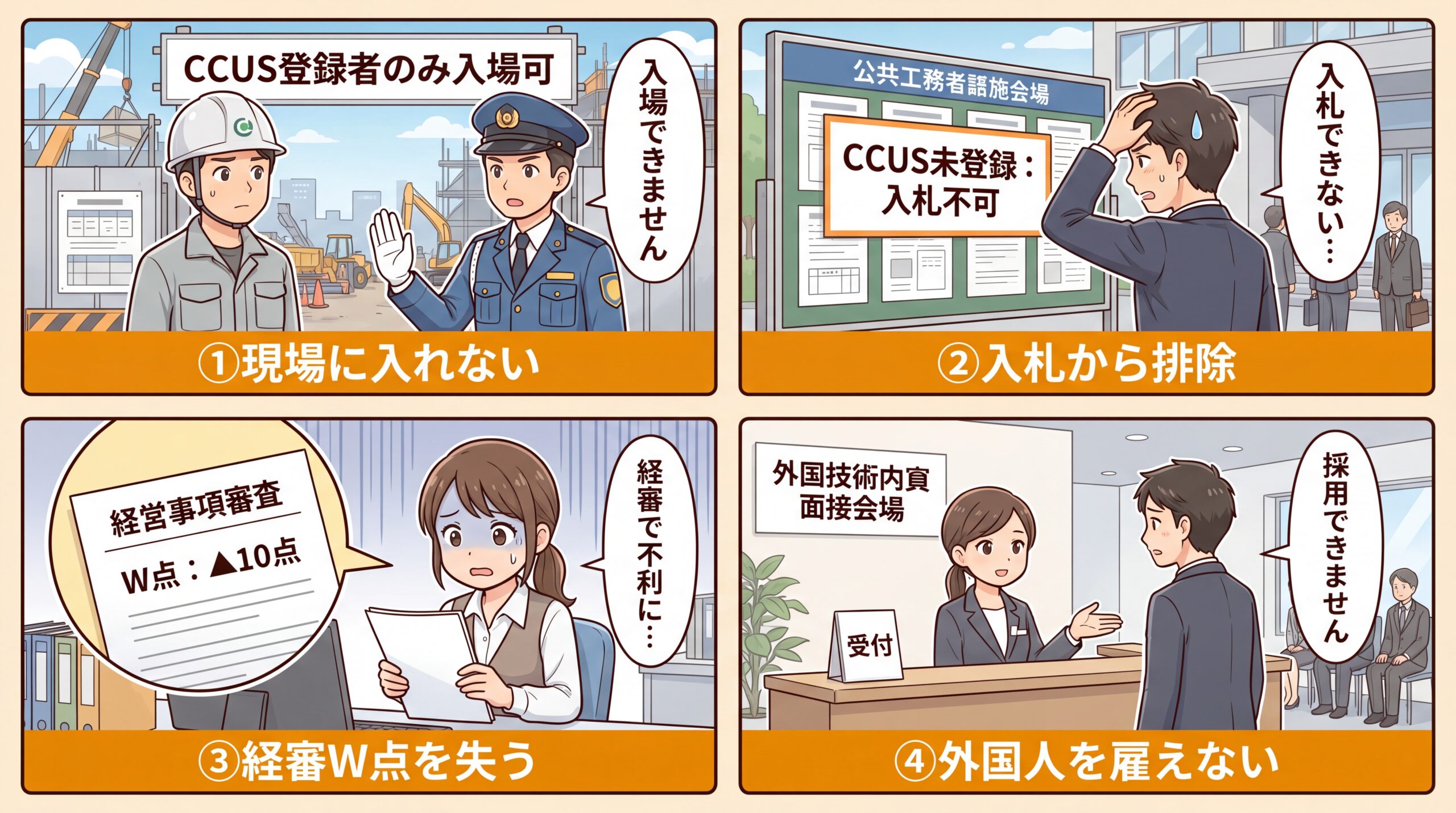 CCUS未登録の4つのリスク：現場入場不可・入札排除・経審W点喪失・外国人雇用不可