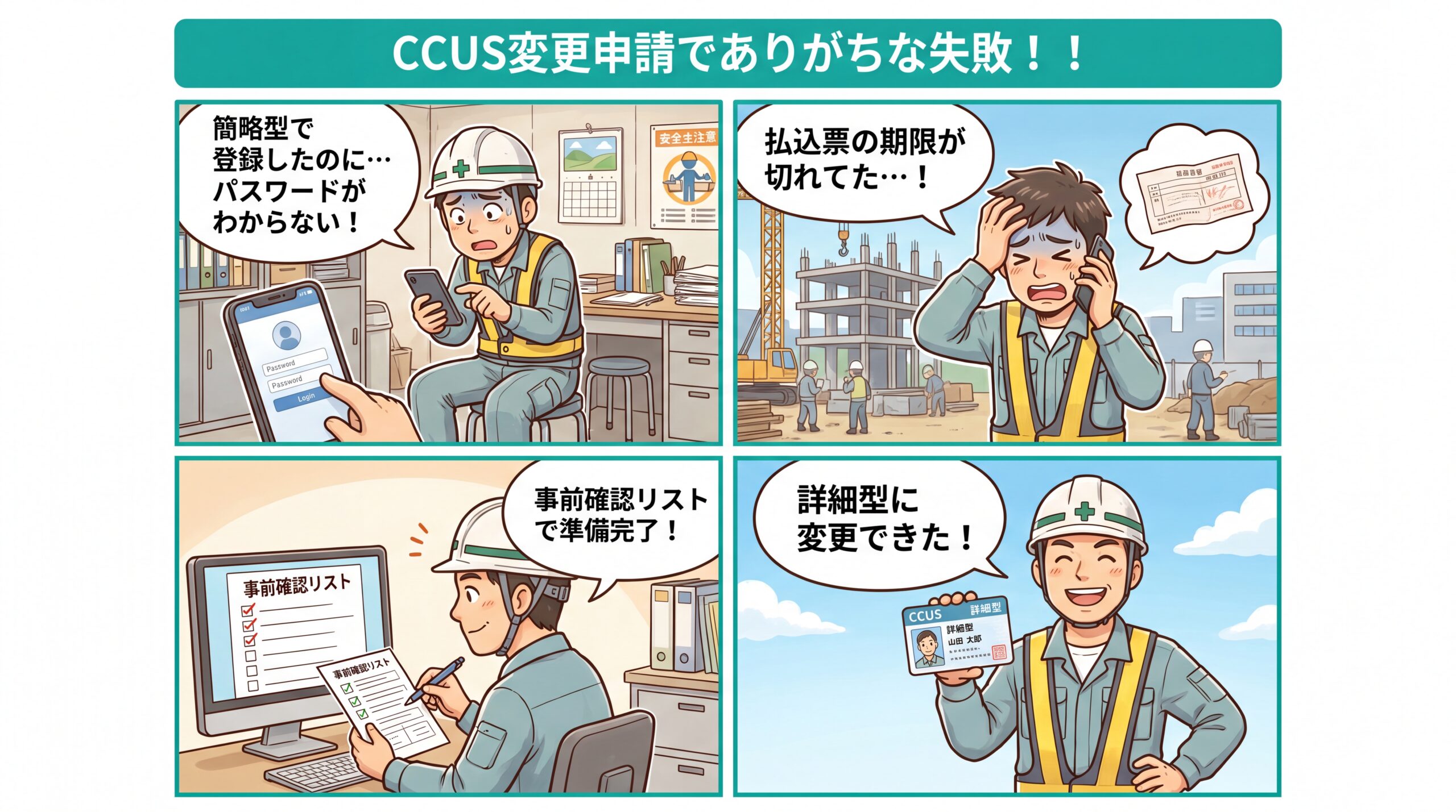 CCUS詳細型変更でよくある失敗事例5パターンを描いた4コマ漫画