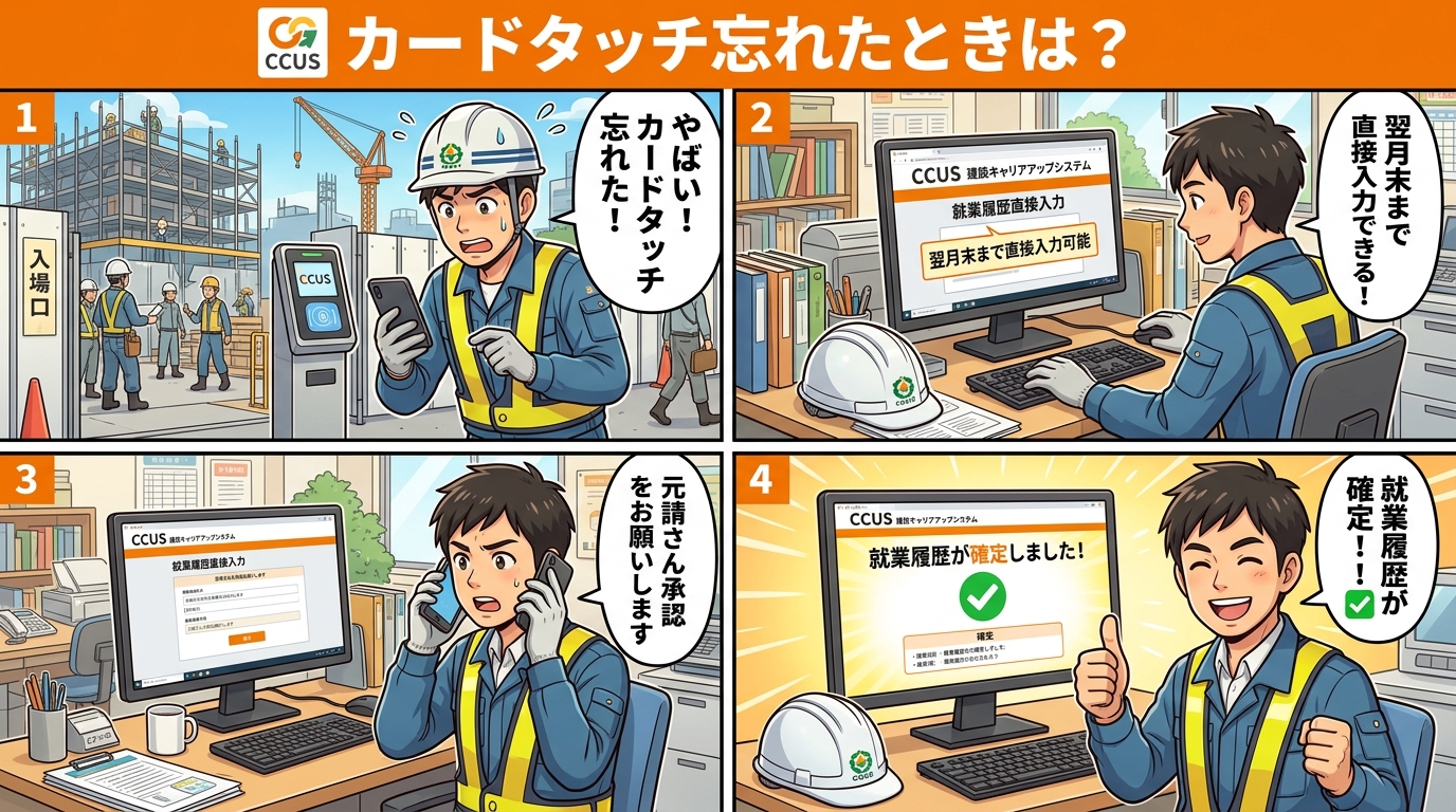 カードタッチを忘れたときの就業履歴補正手順4コマ漫画