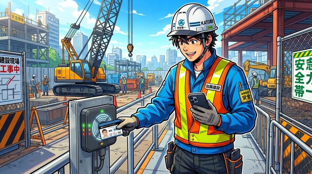 建設現場でCCUSカードをかざす作業員