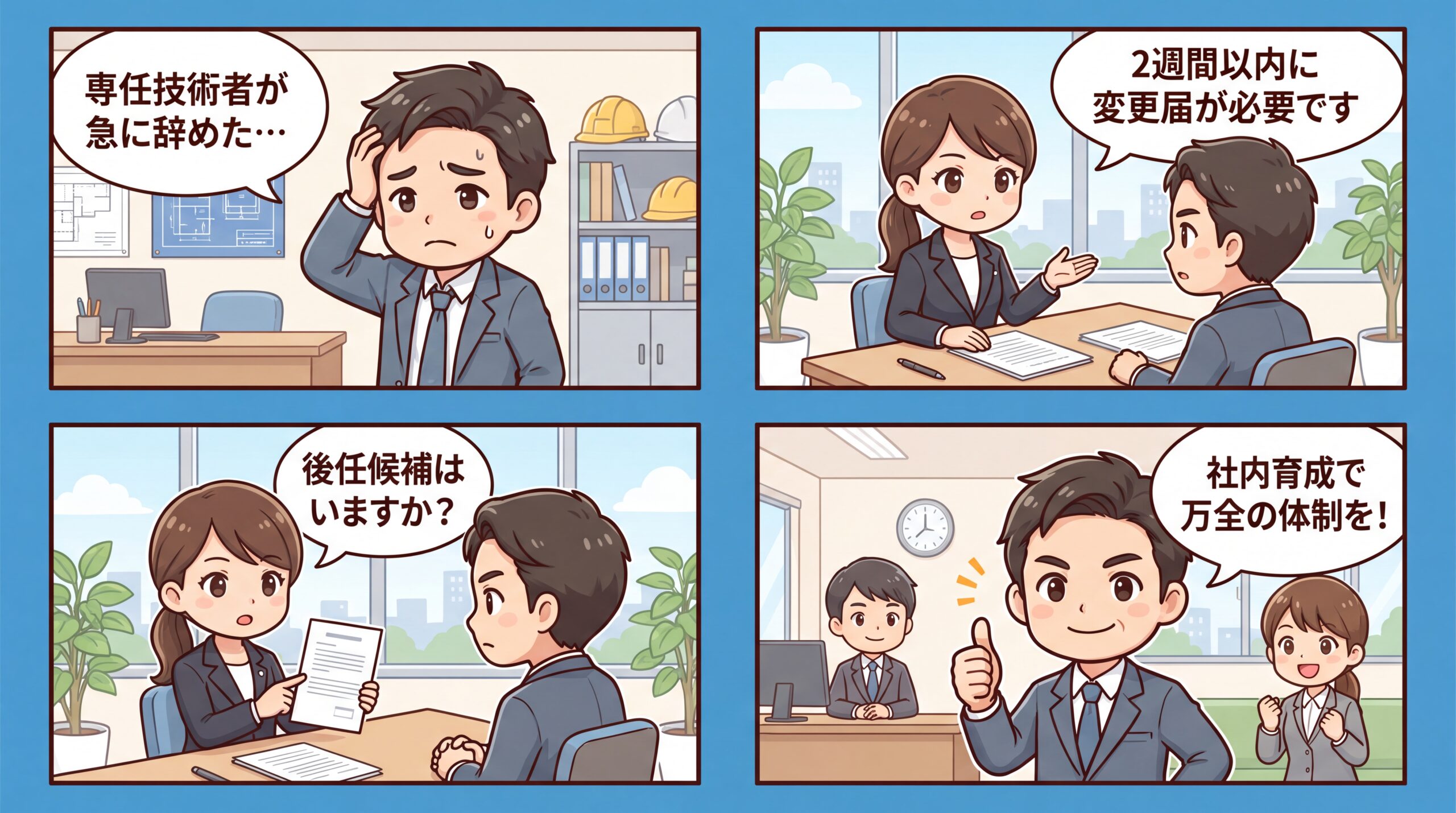 専任技術者が退職したら？変更届の手続きを解説する4コマ漫画