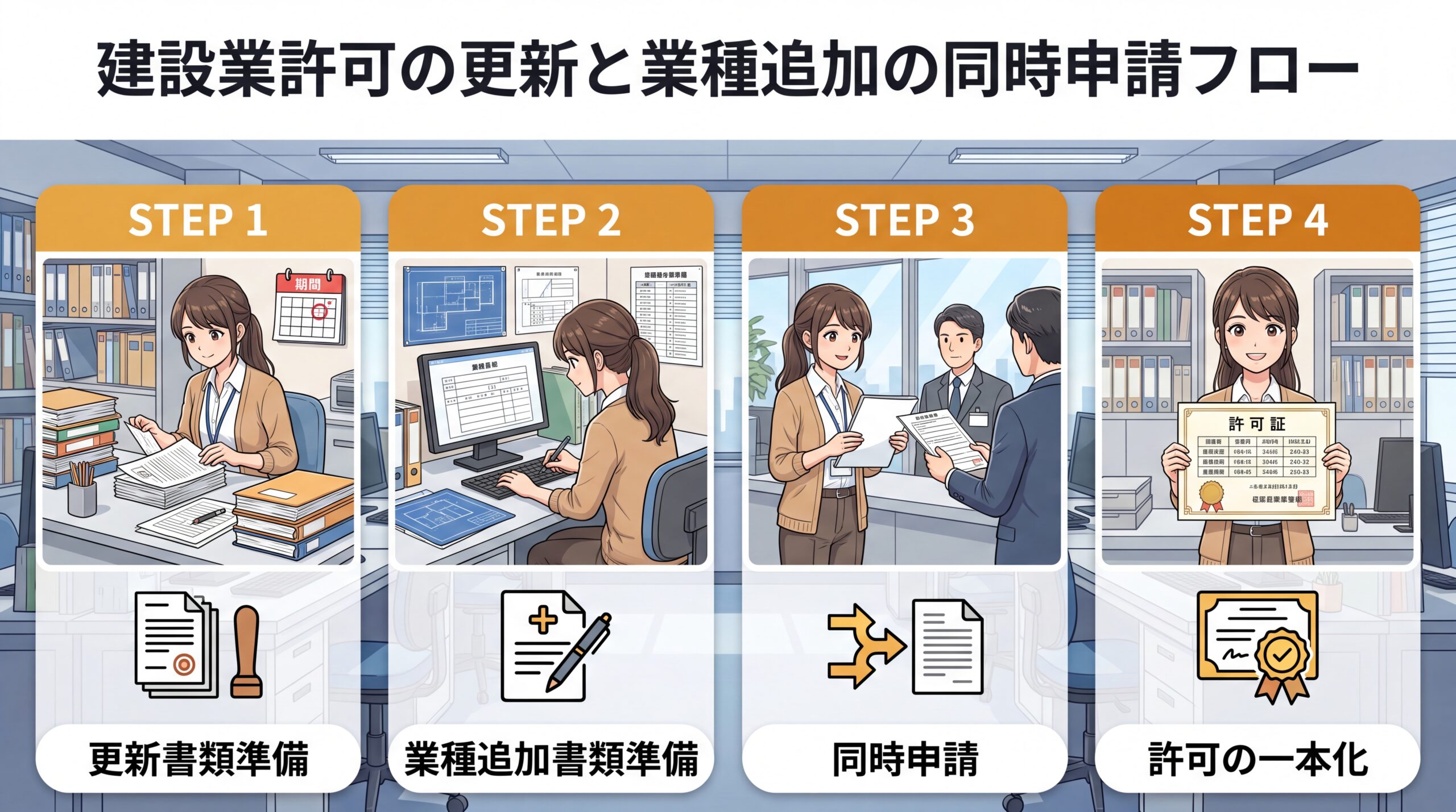 建設業許可の更新と業種追加の同時申請フロー図